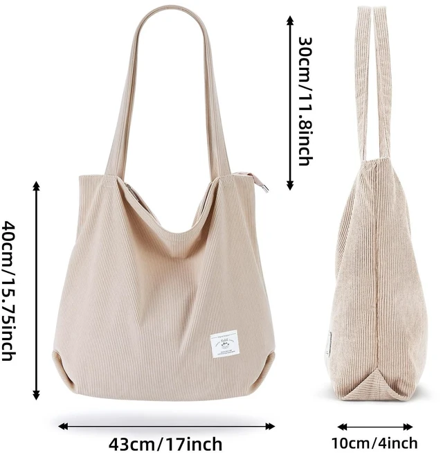 Alt view image 4 of 7 - Women Corduroy Tote Bag Casual Tote's Handbag Big Capacity Shoulder Bag with Pockets Zippers (Cream White)