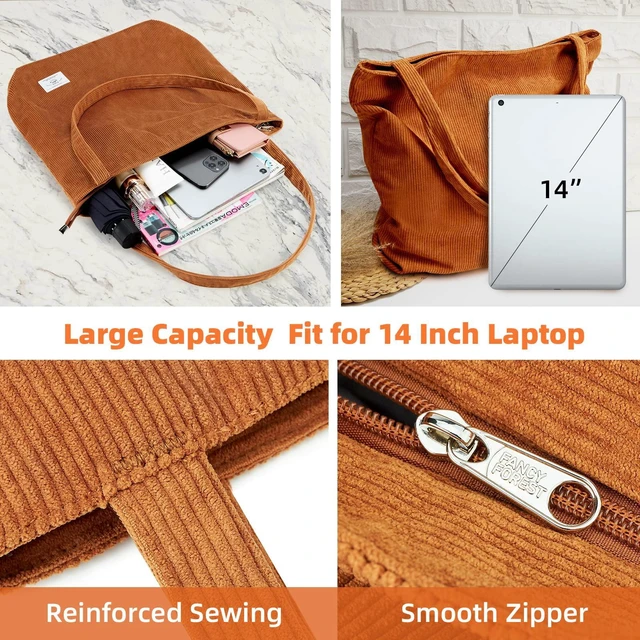 Alt view image 7 of 7 - Women Corduroy Tote Bag Casual Tote's Handbag Big Capacity Shoulder Bag with Pockets Zippers (Cream White)