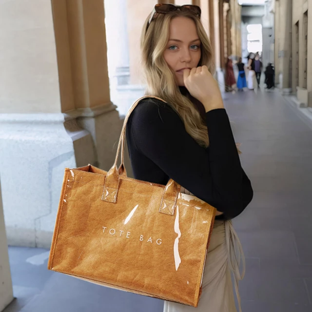 Alt view image 2 of 7 - PVC Tote Bag Womens Kraft Paper Work Handbags Purses with Top Handle,Brown