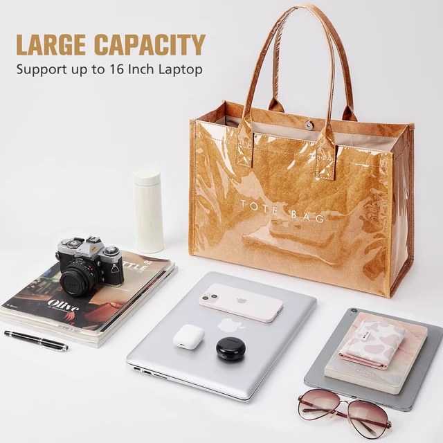 Alt view image 5 of 7 - PVC Tote Bag Womens Kraft Paper Work Handbags Purses with Top Handle,Brown
