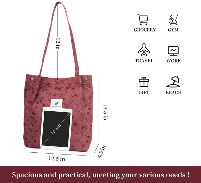 Alt view image 6 of 6 - Cute Corduroy Tote Bag Canvas Shoulder Handbags for Women Travel Shopping (Rose Wine Red)