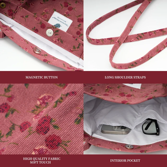 Alt view image 5 of 6 - Cute Corduroy Tote Bag Canvas Shoulder Handbags for Women Travel Shopping (Rose Wine Red)