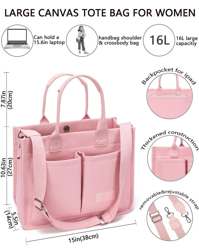 Alt view image 3 of 6 - Canvas Tote Bag for Women With Compartments and Pockets,Pink Women's Bags Crossbody Bags Work Laptop Tote Bag Large Satchels Handbag Tote Purse Everyday Shoulder Bag for Travel Nurse Teacher Gift