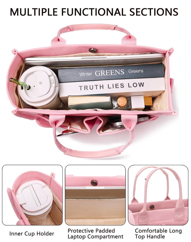 Alt view image 4 of 6 - Canvas Tote Bag for Women With Compartments and Pockets,Pink Women's Bags Crossbody Bags Work Laptop Tote Bag Large Satchels Handbag Tote Purse Everyday Shoulder Bag for Travel Nurse Teacher Gift