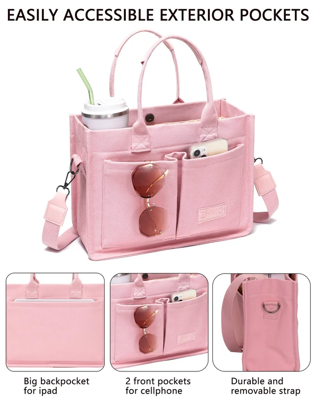 Alt view image 5 of 6 - Canvas Tote Bag for Women With Compartments and Pockets,Pink Women's Bags Crossbody Bags Work Laptop Tote Bag Large Satchels Handbag Tote Purse Everyday Shoulder Bag for Travel Nurse Teacher Gift