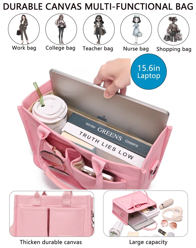 Alt view image 6 of 6 - Canvas Tote Bag for Women With Compartments and Pockets,Pink Women's Bags Crossbody Bags Work Laptop Tote Bag Large Satchels Handbag Tote Purse Everyday Shoulder Bag for Travel Nurse Teacher Gift