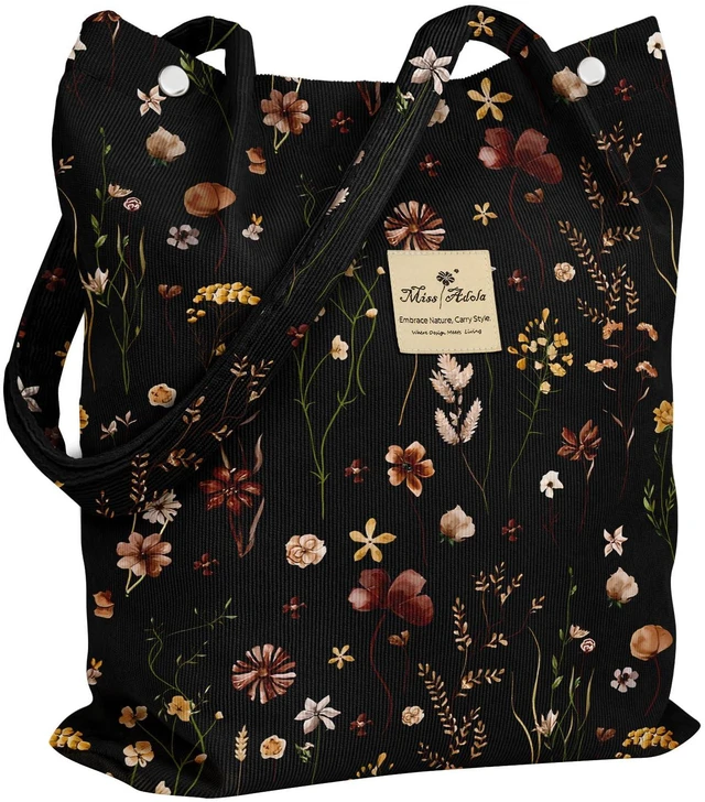 Main image of Corduroy Tote Bag for Women, Black Grow Flower | Magnetic Buckle & Pocket, Reusable, Soft, Roomy, Long Shoulder Handles, Casual Daily Work, Grocery Bags