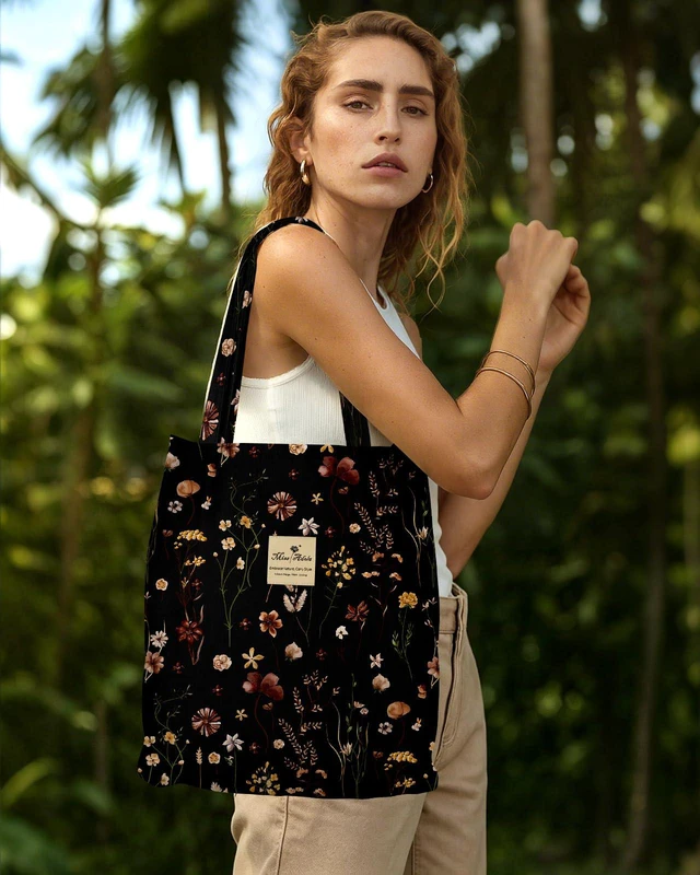 Alt view image 2 of 6 - Corduroy Tote Bag for Women, Black Grow Flower | Magnetic Buckle & Pocket, Reusable, Soft, Roomy, Long Shoulder Handles, Casual Daily Work, Grocery Bags
