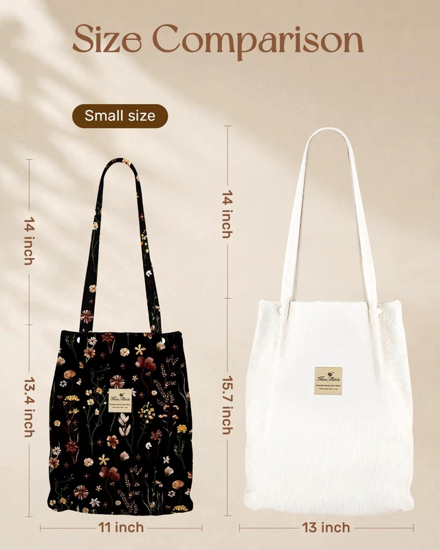 Alt view image 5 of 6 - Corduroy Tote Bag for Women, Black Grow Flower | Magnetic Buckle & Pocket, Reusable, Soft, Roomy, Long Shoulder Handles, Casual Daily Work, Grocery Bags