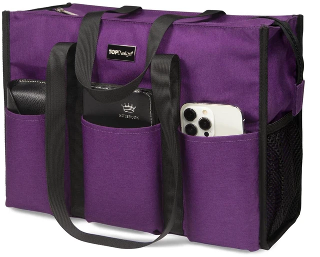 Main image of Utility Water Resistant Tote Bag with 13 Pockets, Zipper Closure | Thick Bottom Support, Stands Upright, for Working Women, Teachers, Nurses, Accountants