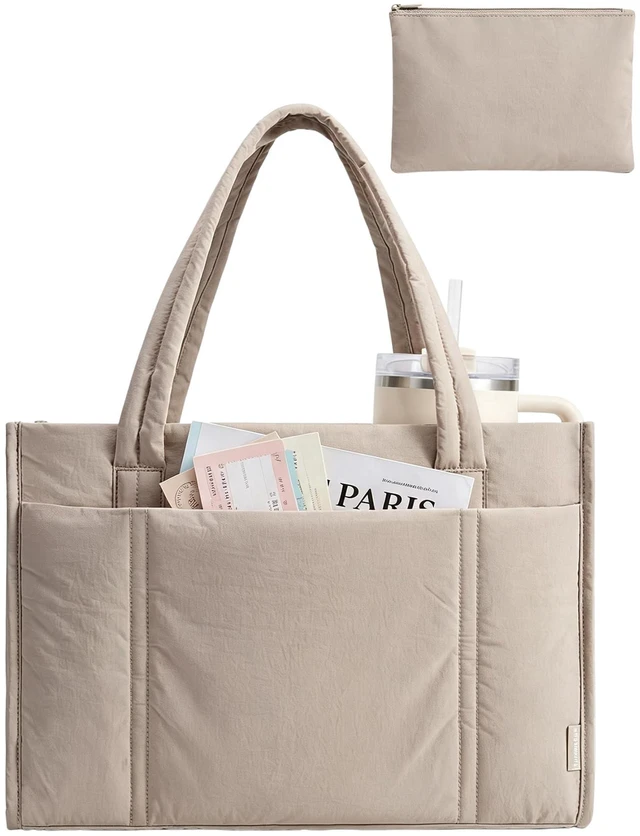 Main image of Puffer Tote Bag for Women, 2-PC Boxy Work Tote Shoulder Handbag | M Size: 21L Tote with Pouch & Tumbler Pocket, L Size:26L Tote w/ 7.5L Insulated, Fits 15.6" Laptop, for Teacher/Nurse/Office