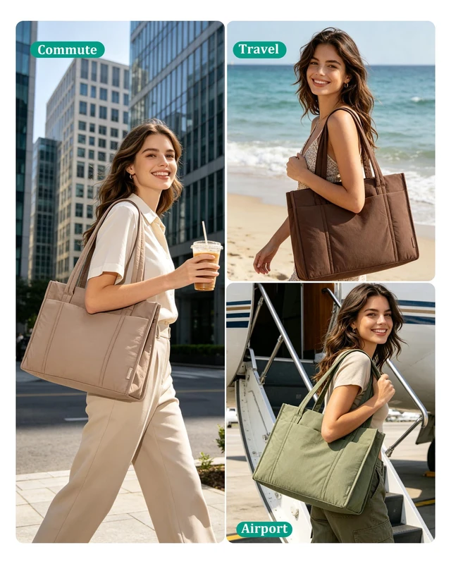 Alt view image 2 of 7 - Puffer Tote Bag for Women, 2-PC Boxy Work Tote Shoulder Handbag | M Size: 21L Tote with Pouch & Tumbler Pocket, L Size:26L Tote w/ 7.5L Insulated, Fits 15.6" Laptop, for Teacher/Nurse/Office