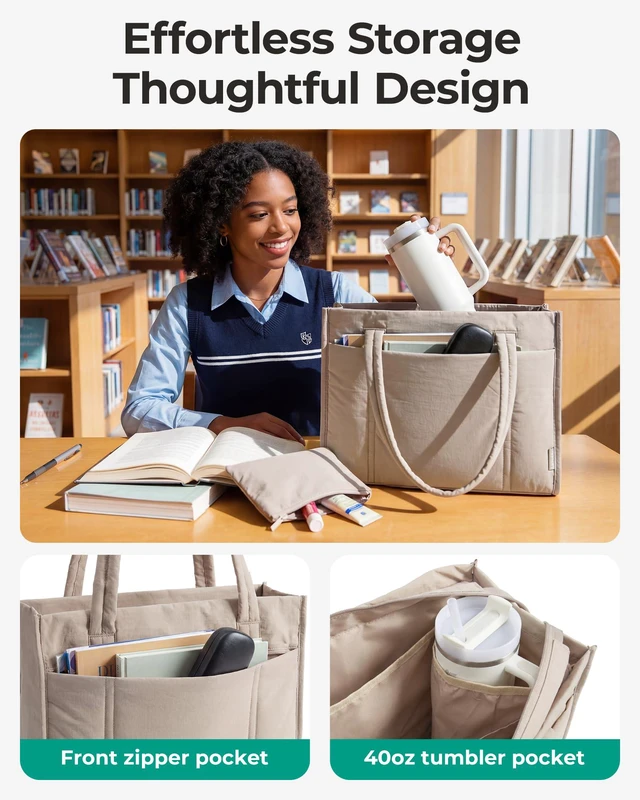 Alt view image 3 of 7 - Puffer Tote Bag for Women, 2-PC Boxy Work Tote Shoulder Handbag | M Size: 21L Tote with Pouch & Tumbler Pocket, L Size:26L Tote w/ 7.5L Insulated, Fits 15.6" Laptop, for Teacher/Nurse/Office