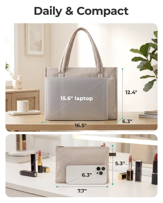 Alt view image 4 of 7 - Puffer Tote Bag for Women, 2-PC Boxy Work Tote Shoulder Handbag | M Size: 21L Tote with Pouch & Tumbler Pocket, L Size:26L Tote w/ 7.5L Insulated, Fits 15.6" Laptop, for Teacher/Nurse/Office