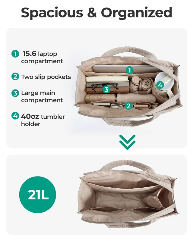 Alt view image 5 of 7 - Puffer Tote Bag for Women, 2-PC Boxy Work Tote Shoulder Handbag | M Size: 21L Tote with Pouch & Tumbler Pocket, L Size:26L Tote w/ 7.5L Insulated, Fits 15.6" Laptop, for Teacher/Nurse/Office