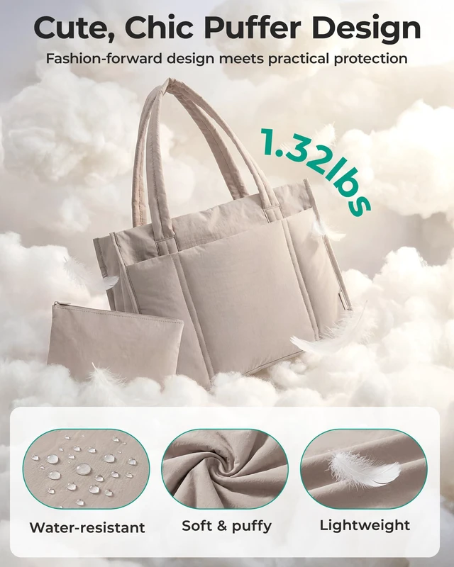 Alt view image 7 of 7 - Puffer Tote Bag for Women, 2-PC Boxy Work Tote Shoulder Handbag | M Size: 21L Tote with Pouch & Tumbler Pocket, L Size:26L Tote w/ 7.5L Insulated, Fits 15.6" Laptop, for Teacher/Nurse/Office