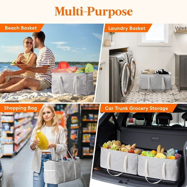 Alt view image 6 of 7 - Large Tote bag, Reusable Shopping Grocery Bags, 46L, 1 Pack, Gray | Standing Utility Tote Basket with Metal Wire Frame&Handles for Picnics Beach Laundry Car Pool Camping