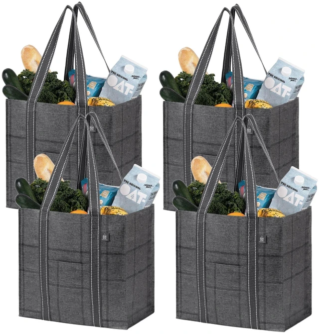 Main image of 4 Pack Large Grocery Bag Reusable Shopping Bags with Hard Bottom | Utility Tote with Reinforced Handles, Heavy Duty, Foldable, Stand Upright, for Groceries Shopping Cart (Windowpane, 4 Pack)