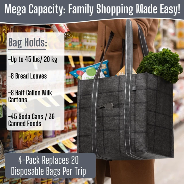 Alt view image 5 of 7 - 4 Pack Large Grocery Bag Reusable Shopping Bags with Hard Bottom | Utility Tote with Reinforced Handles, Heavy Duty, Foldable, Stand Upright, for Groceries Shopping Cart (Windowpane, 4 Pack)