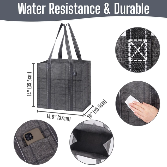 Alt view image 3 of 7 - 4 Pack Large Grocery Bag Reusable Shopping Bags with Hard Bottom | Utility Tote with Reinforced Handles, Heavy Duty, Foldable, Stand Upright, for Groceries Shopping Cart (Windowpane, 4 Pack)