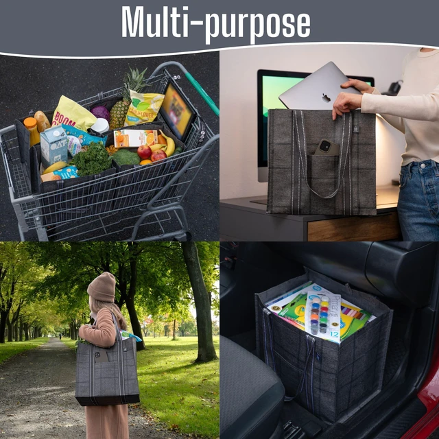 Alt view image 2 of 7 - 4 Pack Large Grocery Bag Reusable Shopping Bags with Hard Bottom | Utility Tote with Reinforced Handles, Heavy Duty, Foldable, Stand Upright, for Groceries Shopping Cart (Windowpane, 4 Pack)