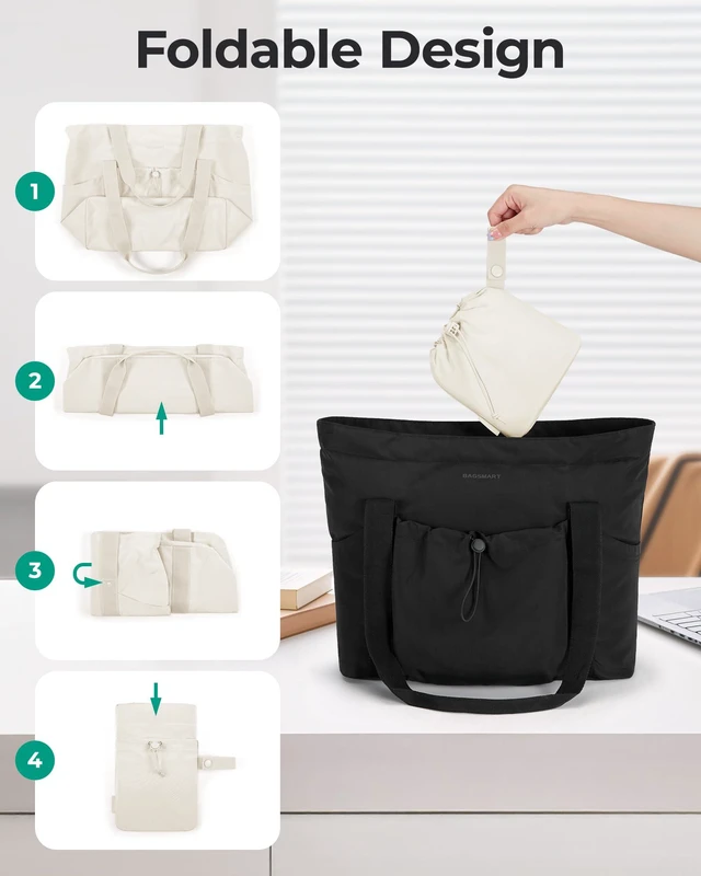 Alt view image 4 of 6 - Foldable Tote Bag with Drawstring Bag, Large Tote Bag Shoulder Bag Top Handle Handbag for Travel, Work, Beach, Gym