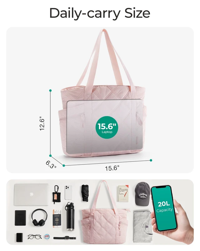 Alt view image 3 of 7 - Crush Tote Bag for Women, 20L Puffer Work Tote with Zipper, Travel Essentials Quilted Nurse Hospital Bag, Pink