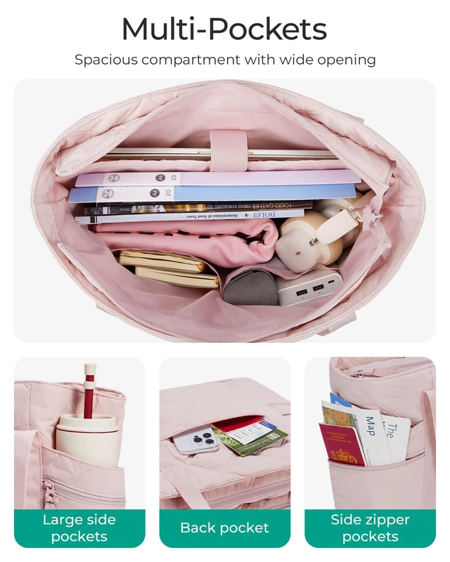 Alt view image 6 of 7 - Crush Tote Bag for Women, 20L Puffer Work Tote with Zipper, Travel Essentials Quilted Nurse Hospital Bag, Pink