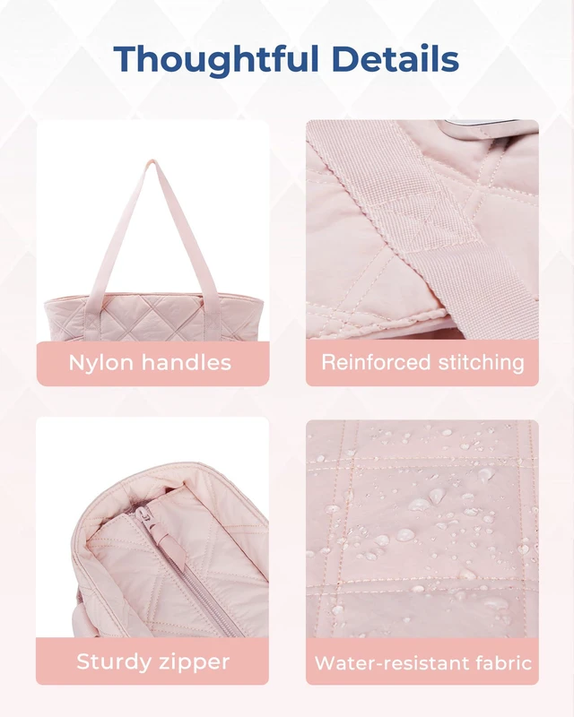 Alt view image 7 of 7 - Crush Tote Bag for Women, 20L Puffer Work Tote with Zipper, Travel Essentials Quilted Nurse Hospital Bag, Pink