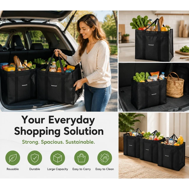 Alt view image 2 of 7 - Heavy Duty Reusable Grocery Bags, Large Shopping Tote Bag, 4 Pack | Folds Flat For Easy Storage, Up To 100 Lbs Capacity, Perfect For Shopping, Storage, Everyday Use