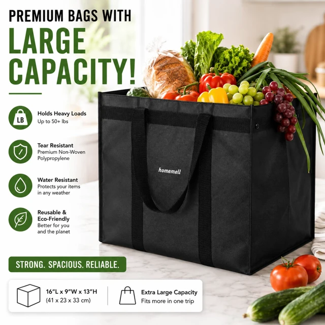 Alt view image 3 of 7 - Heavy Duty Reusable Grocery Bags, Large Shopping Tote Bag, 4 Pack | Folds Flat For Easy Storage, Up To 100 Lbs Capacity, Perfect For Shopping, Storage, Everyday Use