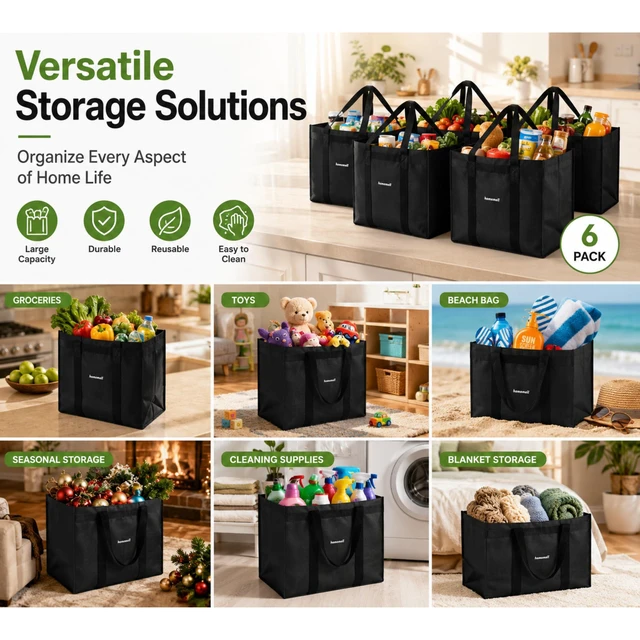 Alt view image 4 of 7 - Heavy Duty Reusable Grocery Bags, Large Shopping Tote Bag, 4 Pack | Folds Flat For Easy Storage, Up To 100 Lbs Capacity, Perfect For Shopping, Storage, Everyday Use