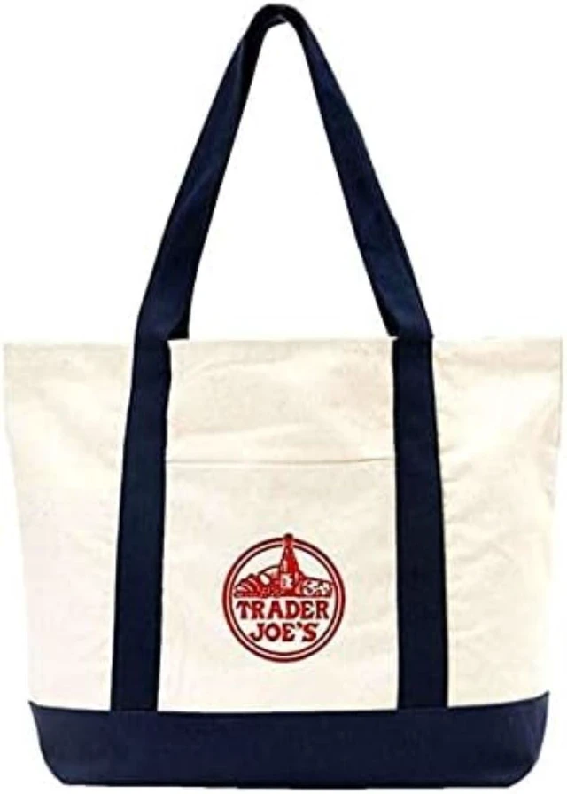 Main image of EXZMA Trader Joes Large Tote Shopping Bag Cotton Canvas Embroidered Bag (1), Navy Blue