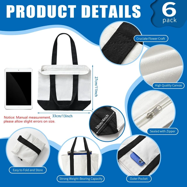 Alt view image 3 of 7 - 6Pack Mini Canvas Tote Bag with Pockets, 12oz Small Tote Bag with Zipper | Cotton reusable grocery shopping bags, small canvas tote bags with customized color for DIY, advertising, Christmas craft
