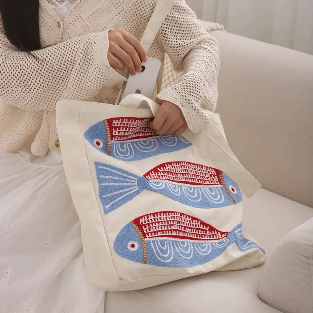 Alt view image 3 of 7 - Summer Beach Embroidery Canvas Tote Bag Red Sardine Fish | Magnetic Buckle Closure, Inner Pocket, Reusable & Durable, Cute Shoulder Bag for Women, for Shopping, Grocery, Travel, Gym