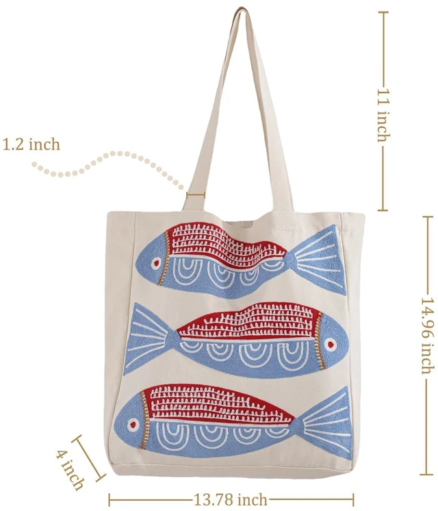Alt view image 4 of 7 - Summer Beach Embroidery Canvas Tote Bag Red Sardine Fish | Magnetic Buckle Closure, Inner Pocket, Reusable & Durable, Cute Shoulder Bag for Women, for Shopping, Grocery, Travel, Gym