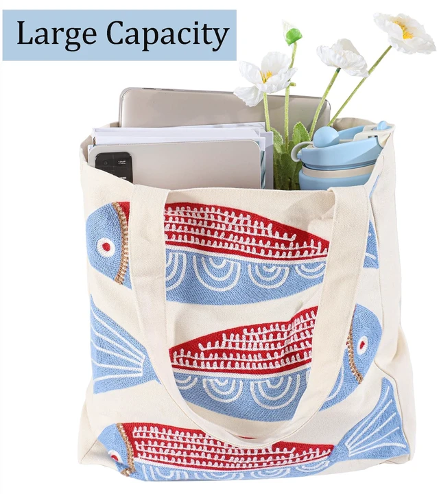 Alt view image 5 of 7 - Summer Beach Embroidery Canvas Tote Bag Red Sardine Fish | Magnetic Buckle Closure, Inner Pocket, Reusable & Durable, Cute Shoulder Bag for Women, for Shopping, Grocery, Travel, Gym