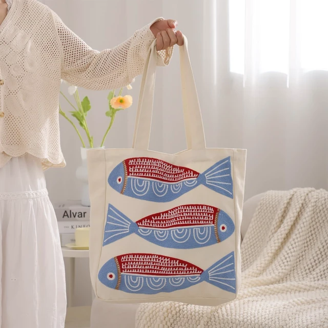 Alt view image 7 of 7 - Summer Beach Embroidery Canvas Tote Bag Red Sardine Fish | Magnetic Buckle Closure, Inner Pocket, Reusable & Durable, Cute Shoulder Bag for Women, for Shopping, Grocery, Travel, Gym