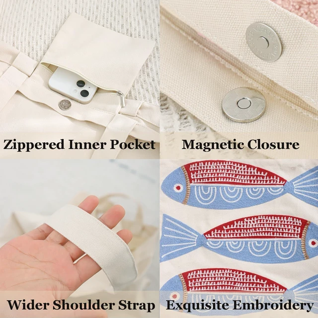 Alt view image 6 of 7 - Summer Beach Embroidery Canvas Tote Bag Red Sardine Fish | Magnetic Buckle Closure, Inner Pocket, Reusable & Durable, Cute Shoulder Bag for Women, for Shopping, Grocery, Travel, Gym