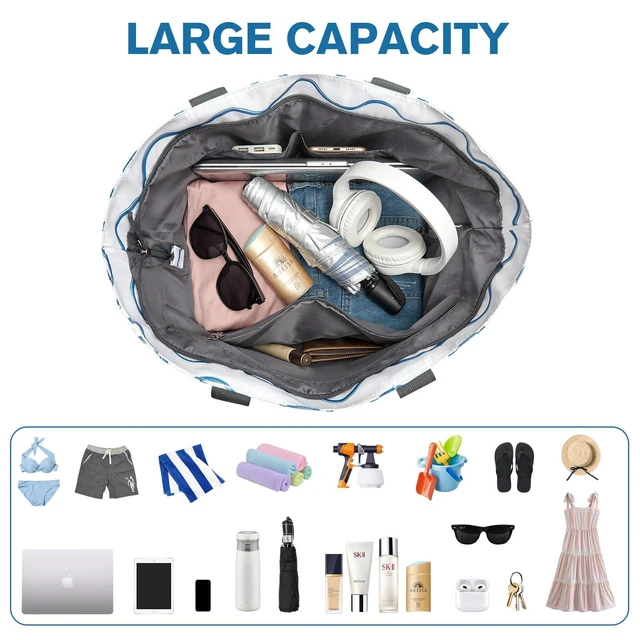 Alt view image 6 of 7 - Beach Bag, Waterproof Sandproof Large Capacity Foldable for Women | Beach Tote Pool Bags for Travel, Swim, with Wet Compartment, Wavy