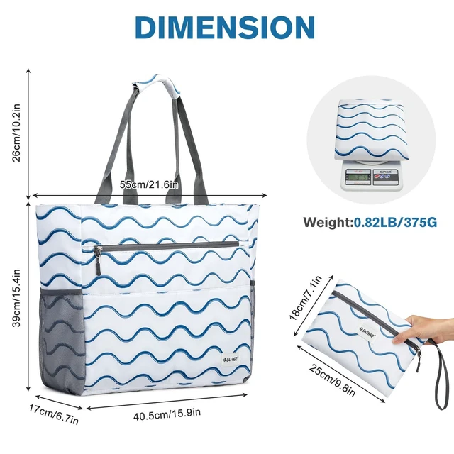 Alt view image 7 of 7 - Beach Bag, Waterproof Sandproof Large Capacity Foldable for Women | Beach Tote Pool Bags for Travel, Swim, with Wet Compartment, Wavy