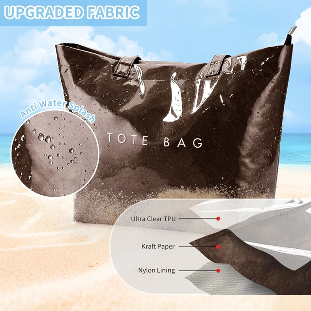 Alt view image 4 of 7 - PVC Zipper Tote Bag, Jelly Plastic Kraft Paper Summer Beach Bag | Trendy Casual Large Hobo Carry All Waterproof Shoulder Handbag Travel Shopping Daily Vacation, Coffee