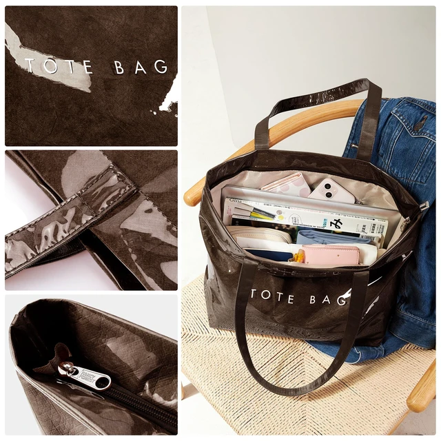 Alt view image 5 of 7 - PVC Zipper Tote Bag, Jelly Plastic Kraft Paper Summer Beach Bag | Trendy Casual Large Hobo Carry All Waterproof Shoulder Handbag Travel Shopping Daily Vacation, Coffee