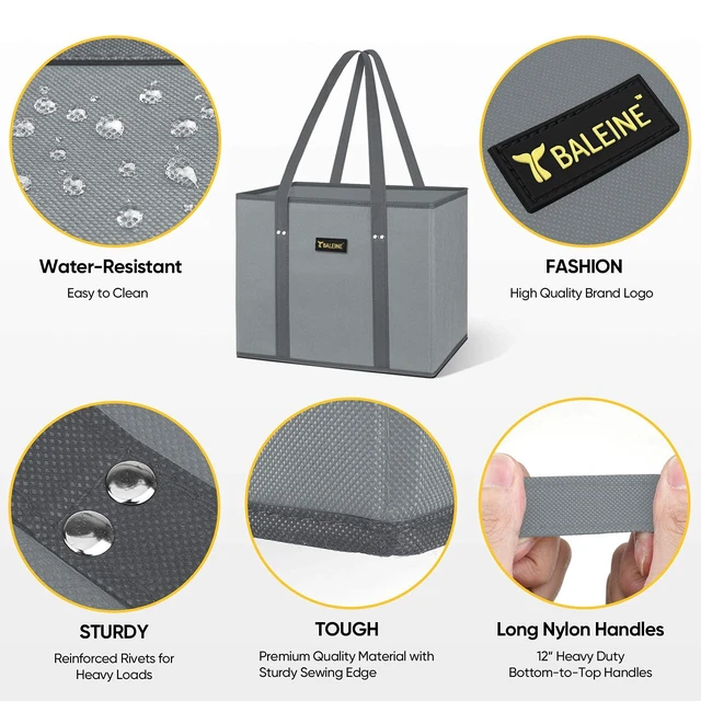 Alt view image 5 of 7 - 3PK Reusable Grocery Bags, Heavy Duty Shopping Tote Bag | 12'' Long Handles, Reinforced Bottom Keeps Upright, Fold Flat Storage, Water-Resistant Shopping Bag, Multiple Color Options
