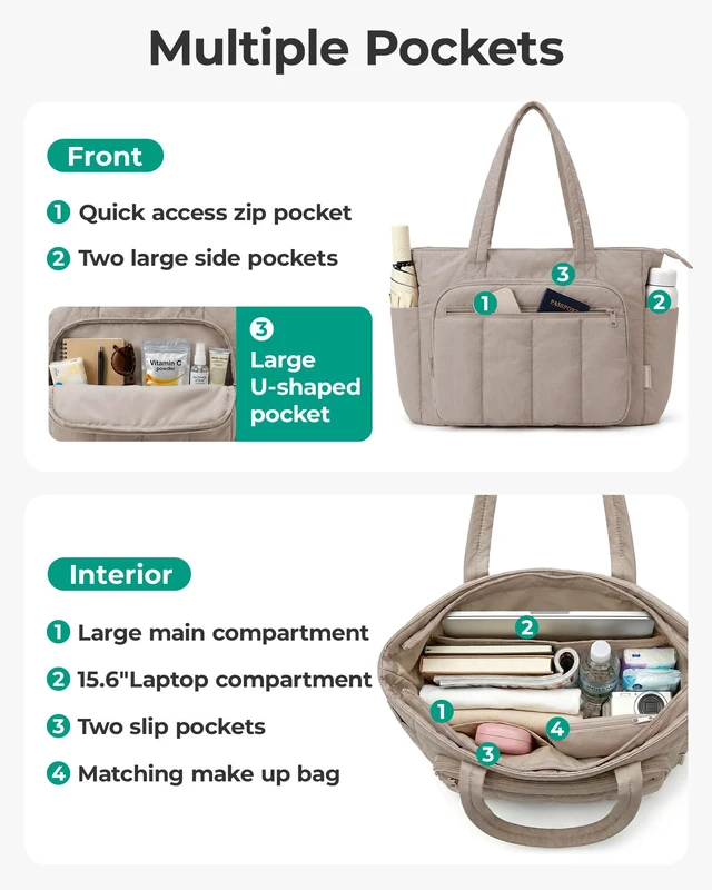 Alt view image 2 of 7 - Tote Bag for Women, 2 Set Puffer Tote Bag with Zipper, Quilted Nurse Handbags for Work Travel College, Black