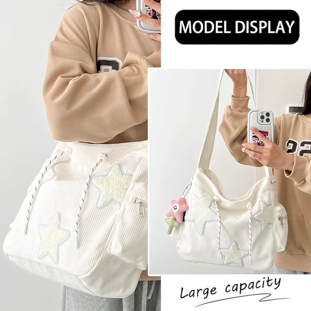 Alt view image 4 of 7 - Star Crossbody Bag Women Corduroy Tote Aesthetic Messenger Shoulder Y2K Hobo Bag (White)