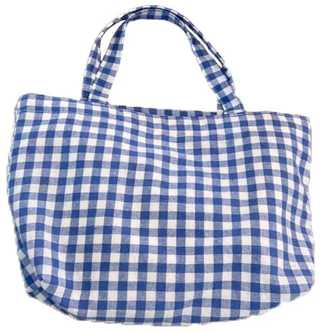 Main image of 1 Pc Small Blue Plaid Canvas Tote Bag, Grocery Shopping Bag, Beach Bag 7.9" x 12.6"