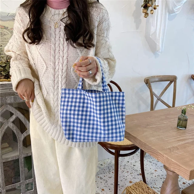 Alt view image 2 of 5 - 1 Pc Small Blue Plaid Canvas Tote Bag, Grocery Shopping Bag, Beach Bag 7.9" x 12.6"