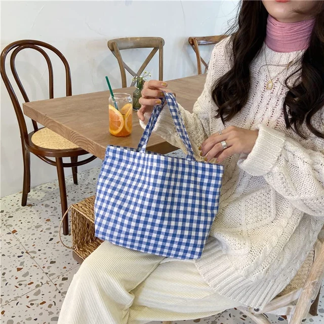 Alt view image 3 of 5 - 1 Pc Small Blue Plaid Canvas Tote Bag, Grocery Shopping Bag, Beach Bag 7.9" x 12.6"