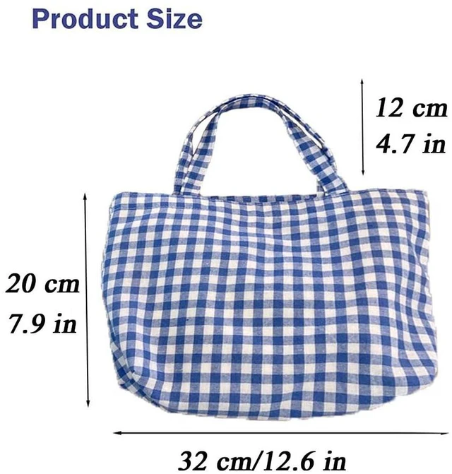 Alt view image 4 of 5 - 1 Pc Small Blue Plaid Canvas Tote Bag, Grocery Shopping Bag, Beach Bag 7.9" x 12.6"